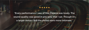 Five gold stars atop a positive quote stating that the theatre is lovely and the shows feel intimate. The background is of the edge of the theatre stage and the theatre seats leading up to the balcony.