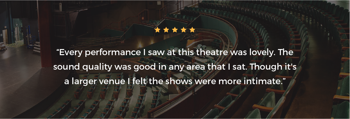 Five gold stars atop a positive quote stating that the theatre is lovely and the shows feel intimate. The background is of the edge of the theatre stage and the theatre seats leading up to the balcony.