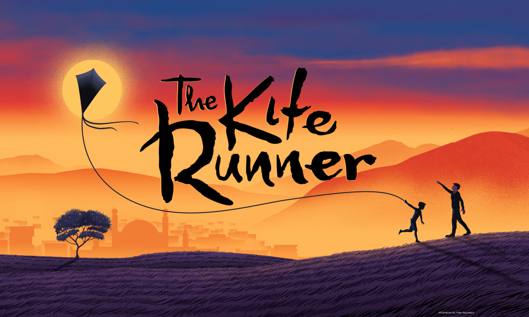 The Kite Runner. Boy holding a kite running on field with a sunset backdrop.