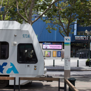 vta train on 2nd street in front of hammer theatre