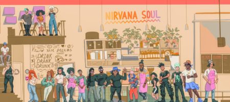 Illustration of Nirvana Soul with people inside restaurant posing for the viewer.