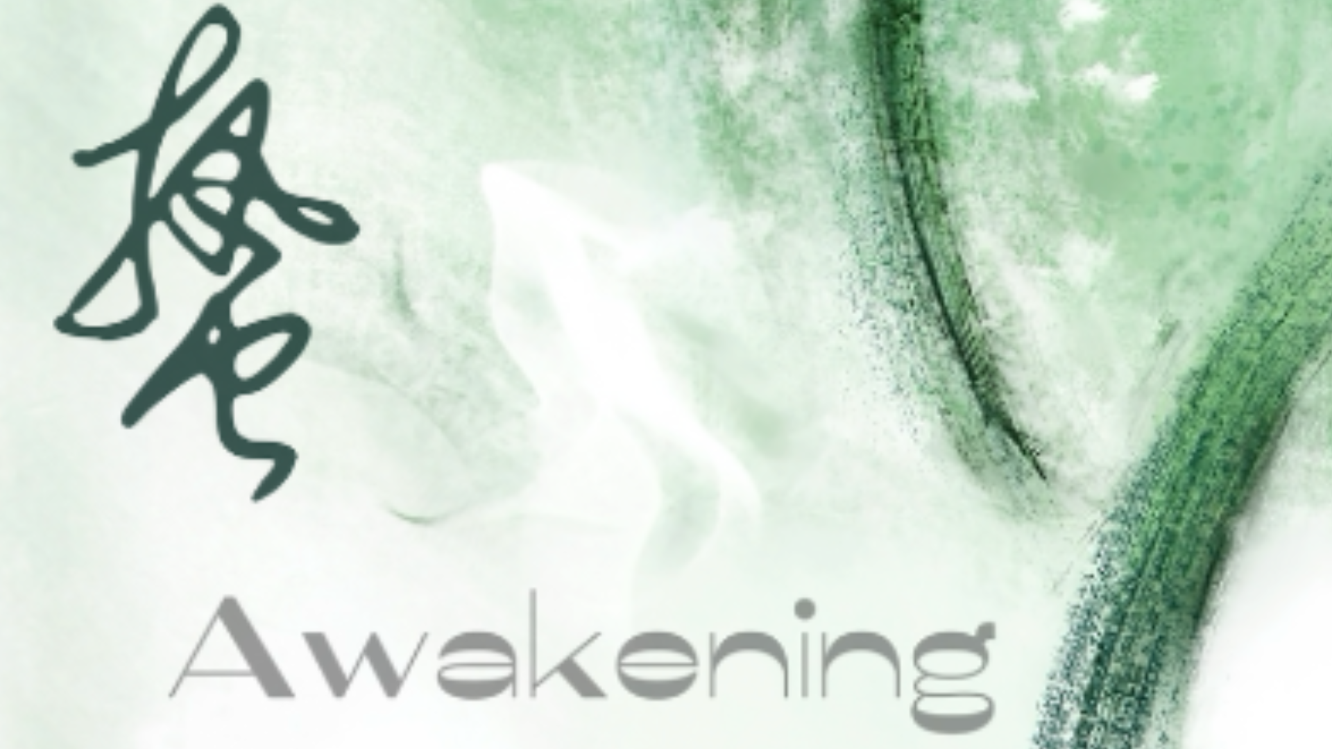 16x9 green watercolor painted background with the word "Awakening" in grey