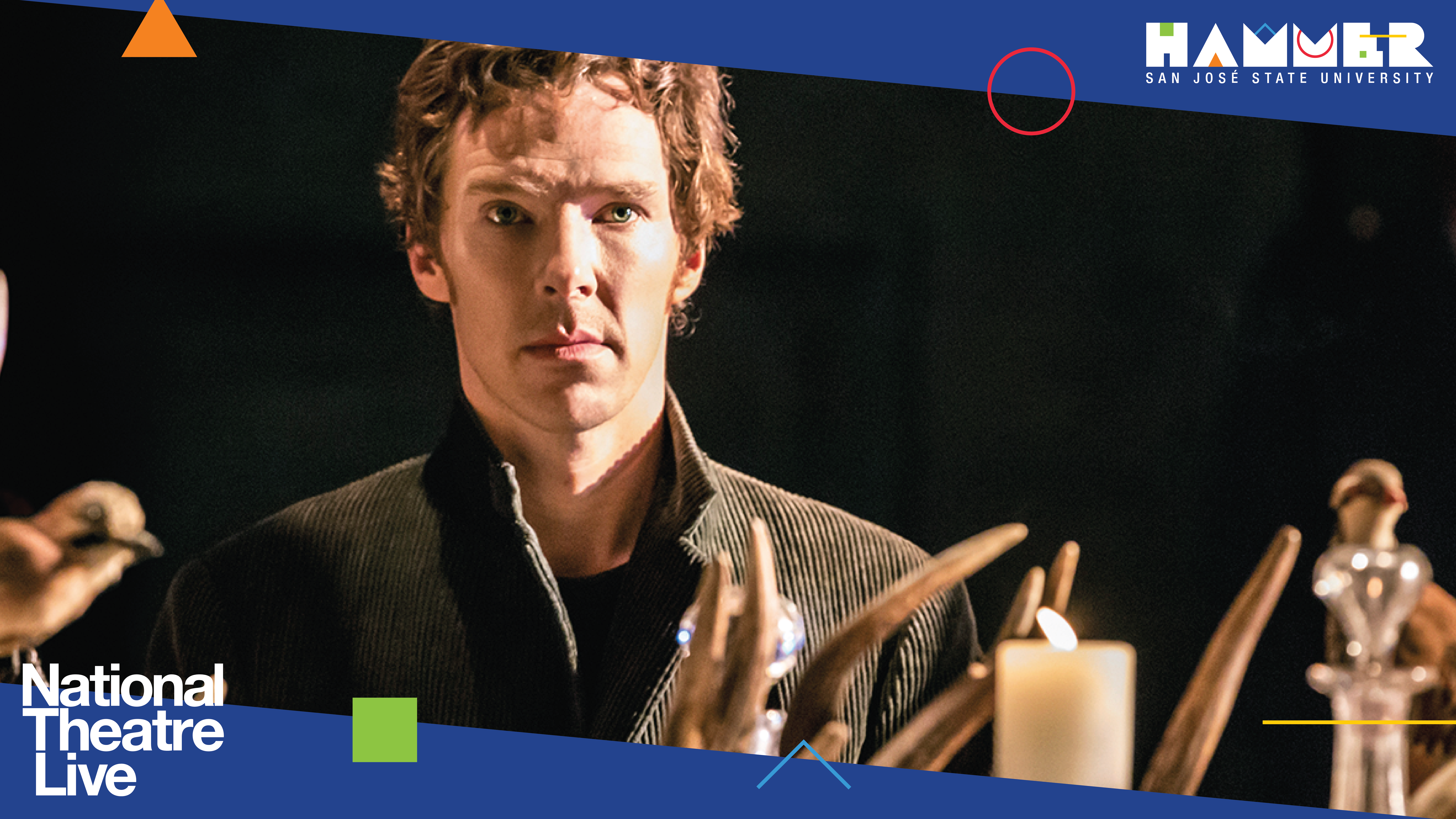 Hamlet-v1_16x9 - C National Theatre Live; bust photo of Benedict Cumberbatch illuminated by candlelight staring off into the distance