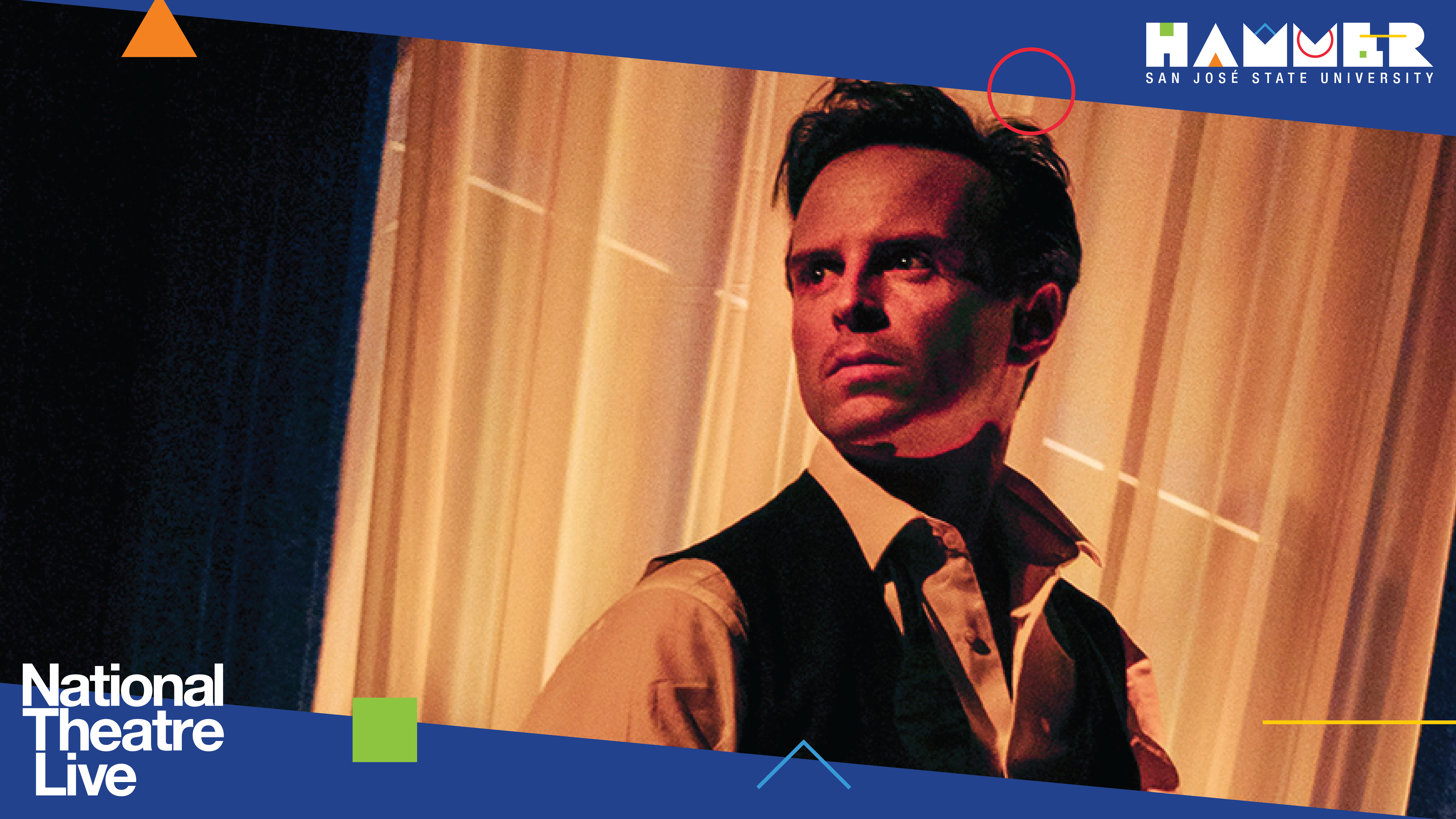 Andrew Scott illuminated by light behind him as he gazes to the left with a solemn face; "National Theatre Live: Present Laughter"