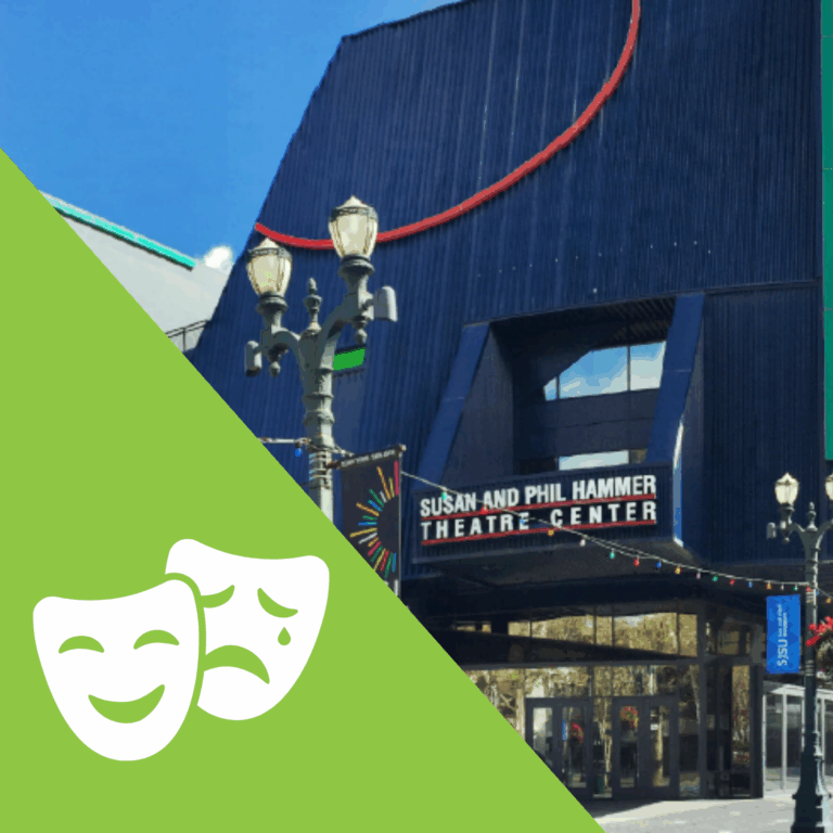 The dark blue structure of the front of hammer theatre, a light post placed in front. In the left corner is an icon of theatre masks