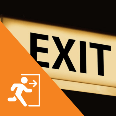 A closeup of a illuminated yellow and black exit sign. in the left corner is a pictogram of an exit