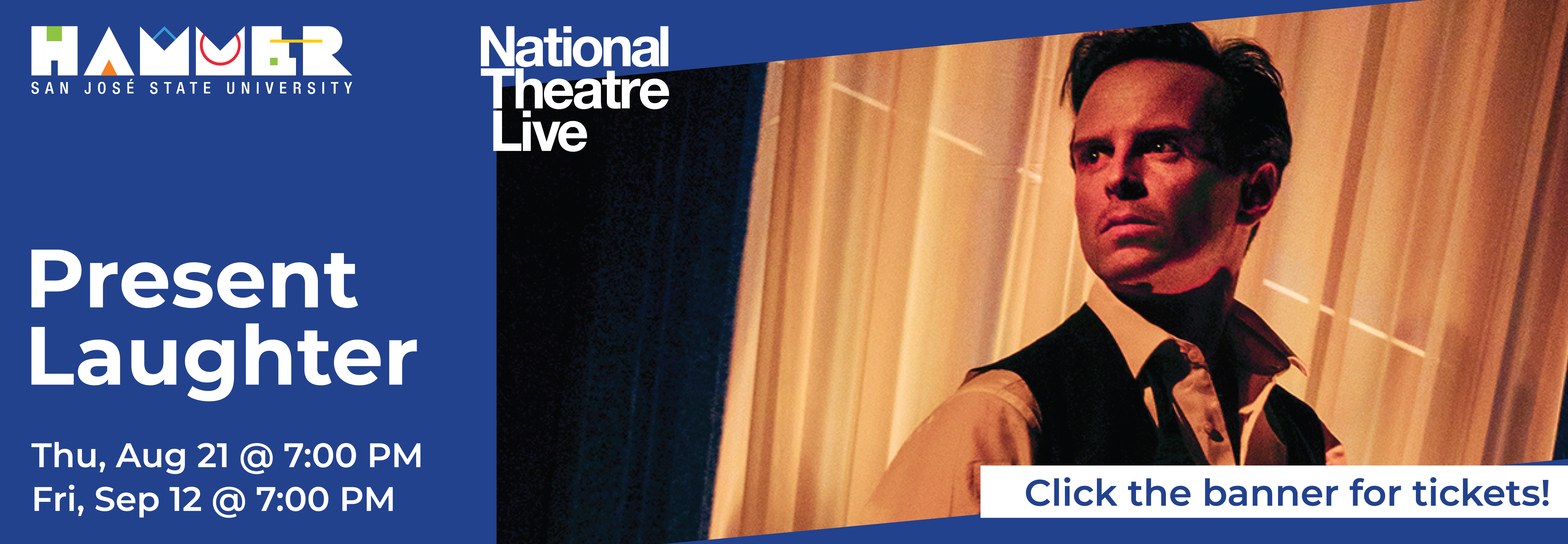 Andrew Scott illuminated by light behind him as he gazes to the left with a solemn face; "National Theatre Live: Present Laughter"