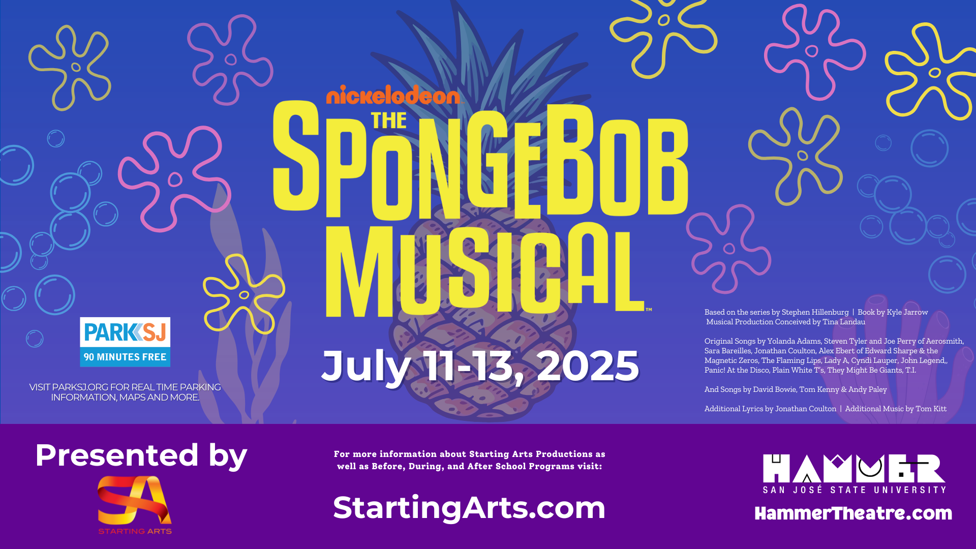 Blue background with pink and yellow flowers with the title "SPONGEBOB MUSICAL" in yellow