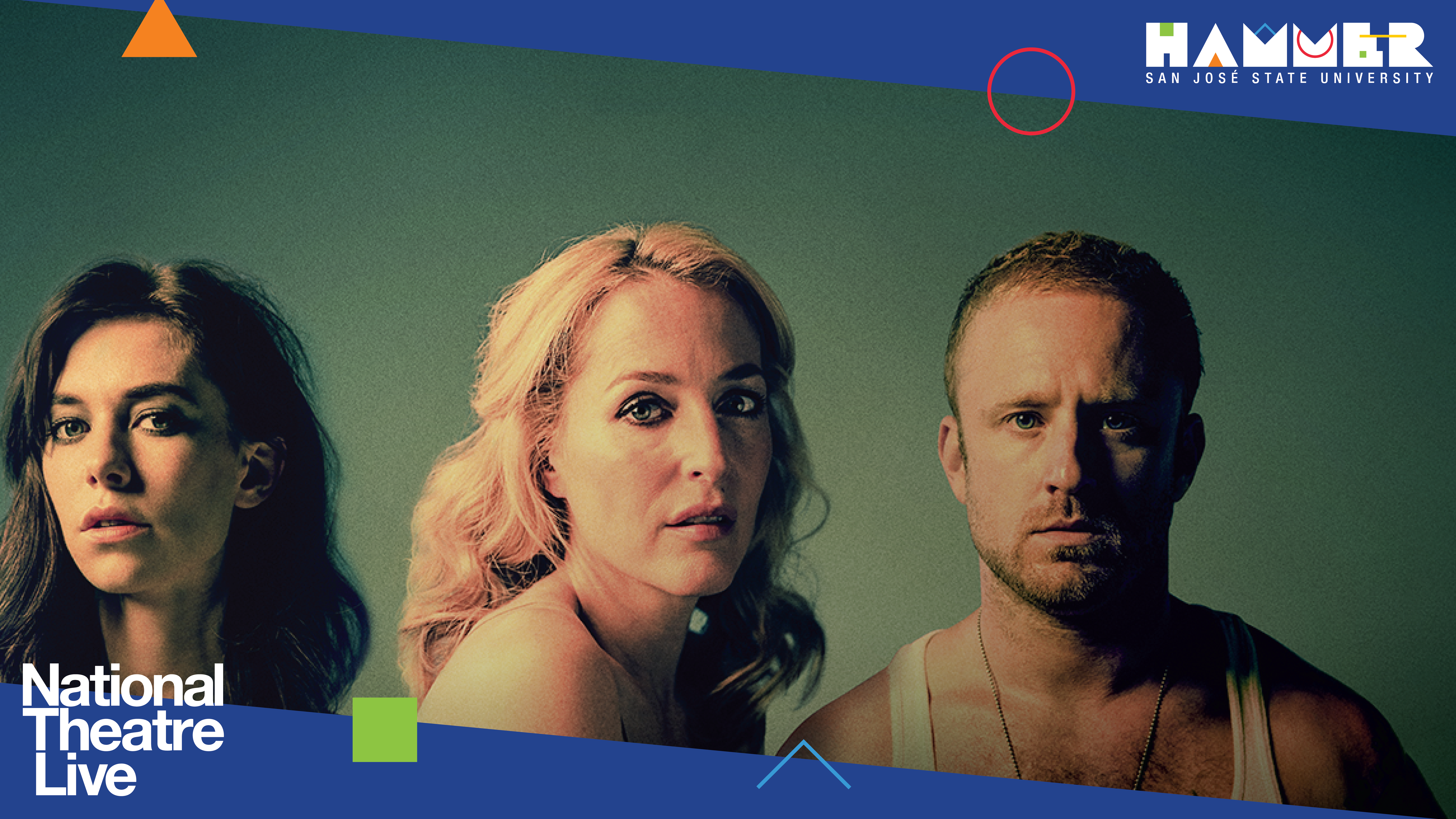 green background with 3 white actors in front facing the camera with ambivalent expressions; National Theatre Live: A Streetcar Named Desire
