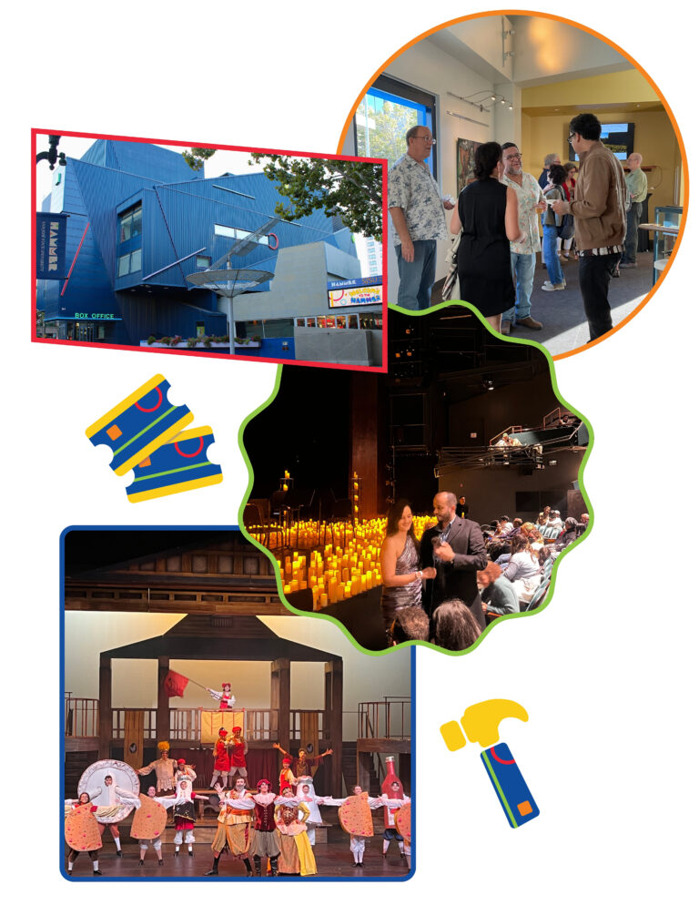 A collection of photos of both the theatre exterior and of the audience or performers or various events hosted at the Hammer.