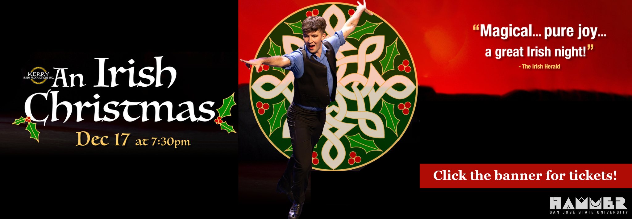 man mid jump in a sophisticated pose. Text says "Irish Christmas, Dec 17"