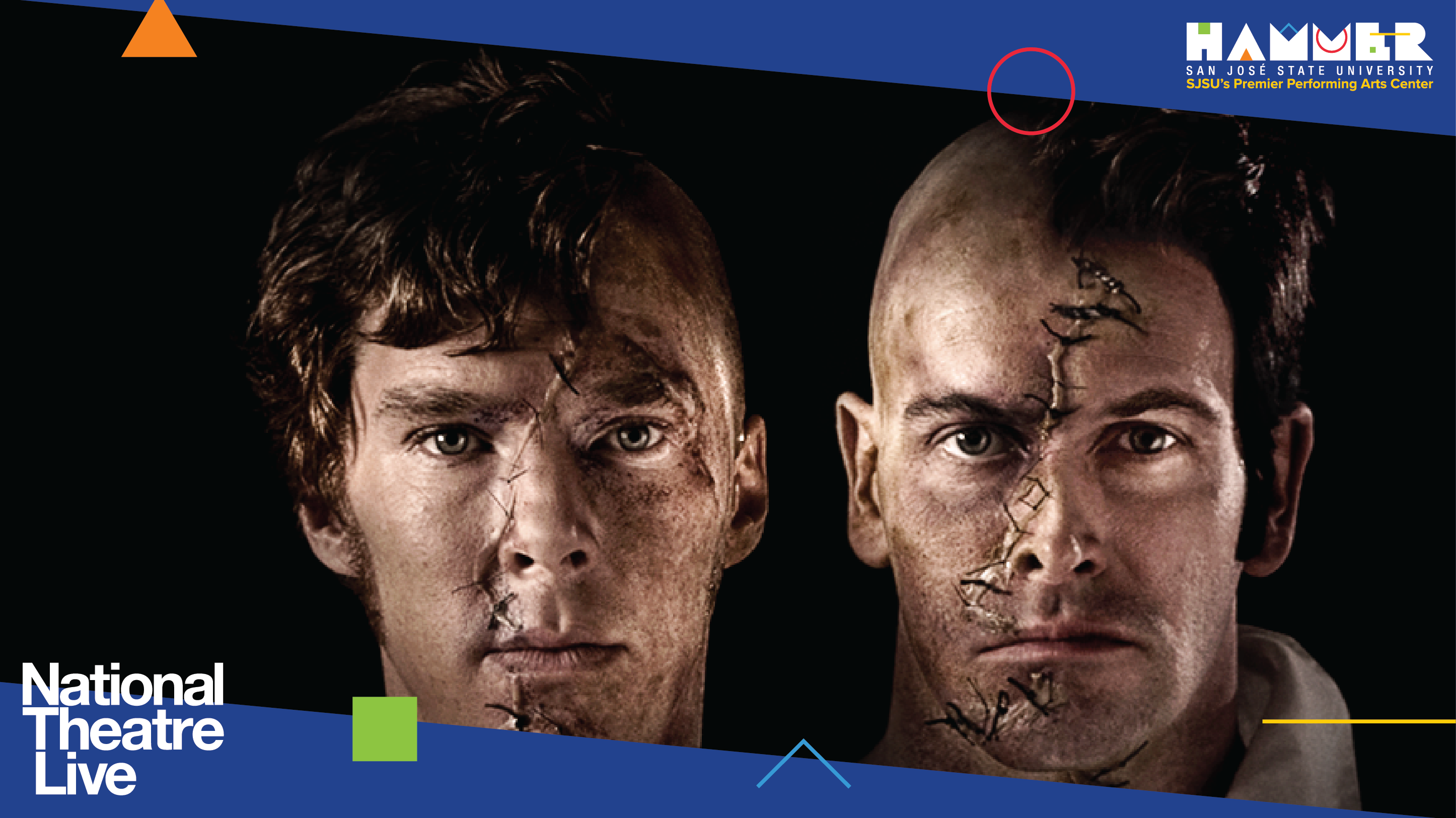 NTL-Frank-v1_16x9 - C Web two male actors with one big scar running down both their faces. They have half of the others' face stitched onto the other half of their own face.