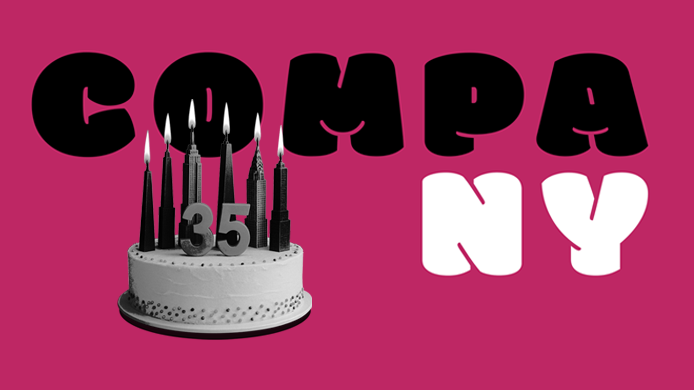 company_artwork_01_640wide magenta background with a cake in black and white holding 6 building shaped candles and a '35' candle atop.