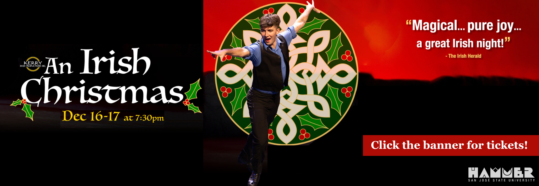 Irish Christmas (2) man mid jump in a sophisticated pose. Text says "Irish Christmas, Dec 17"