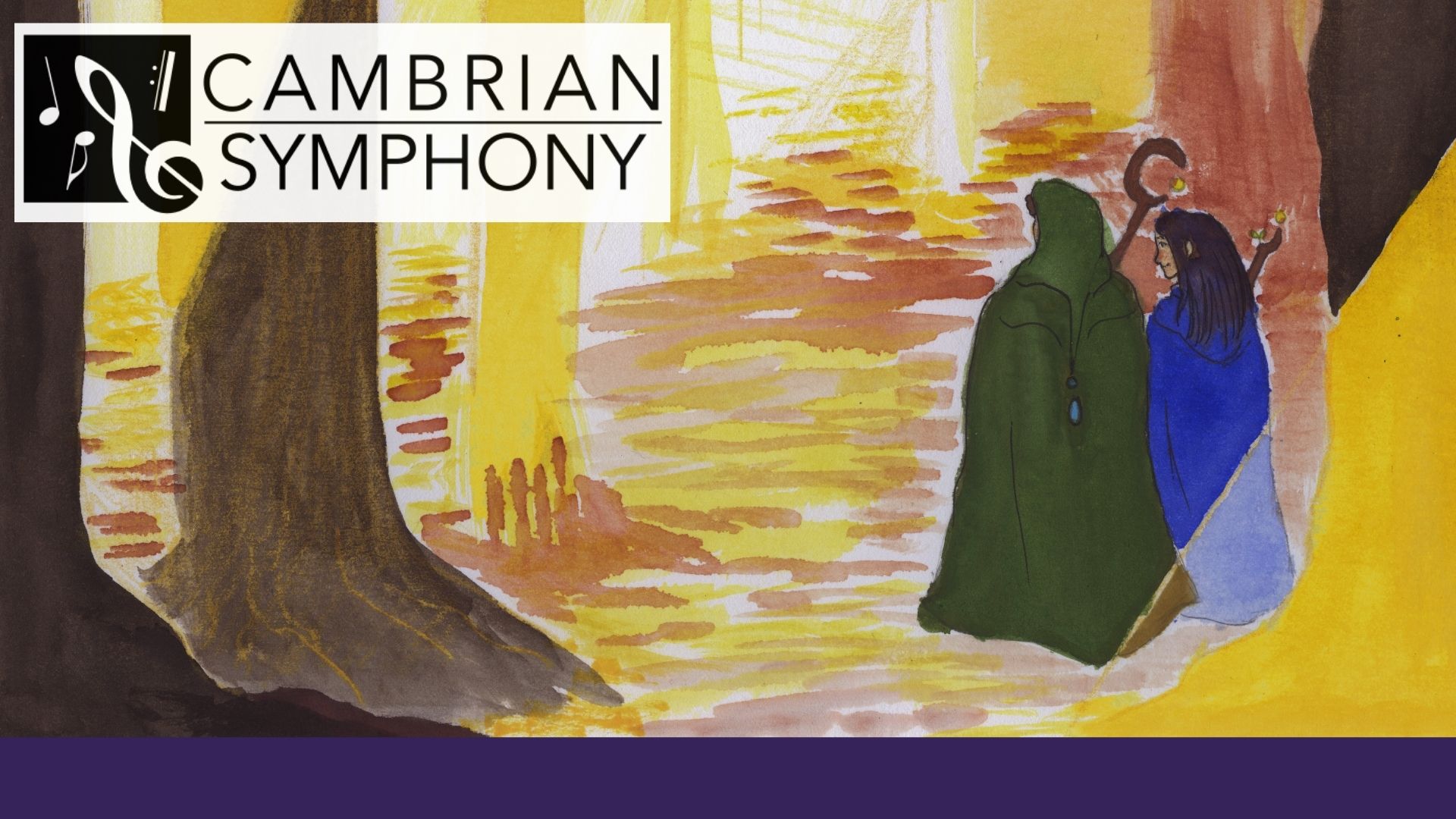 watercolor painting of a sunlit forest with 3 people looking out into the distance on the right