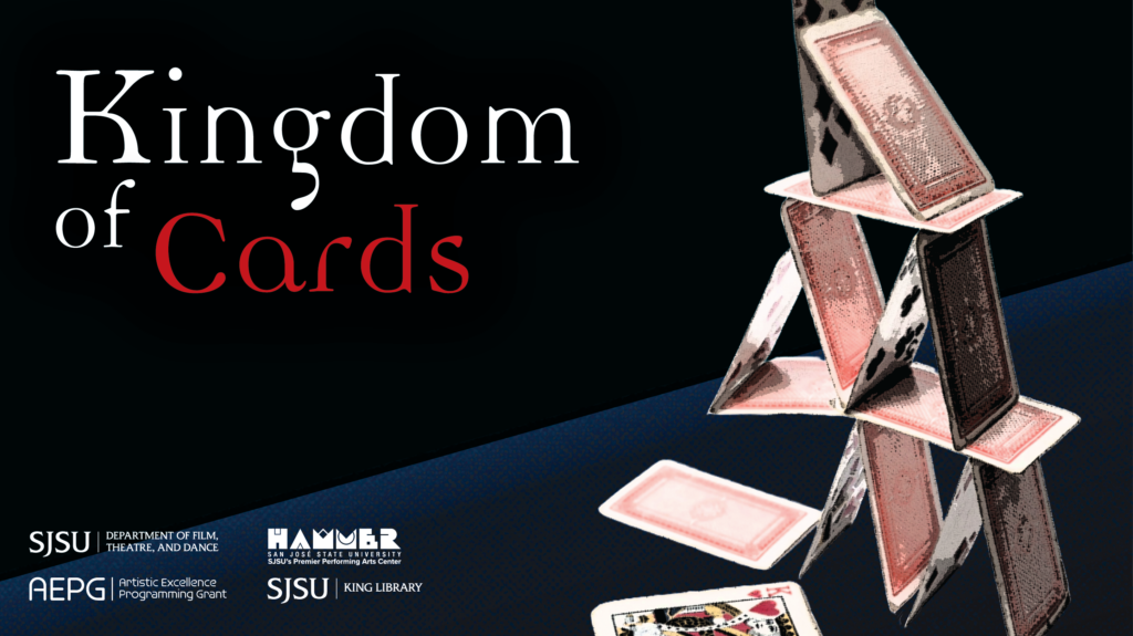 Cards in a pyramid formation with a fallen card at the bottom