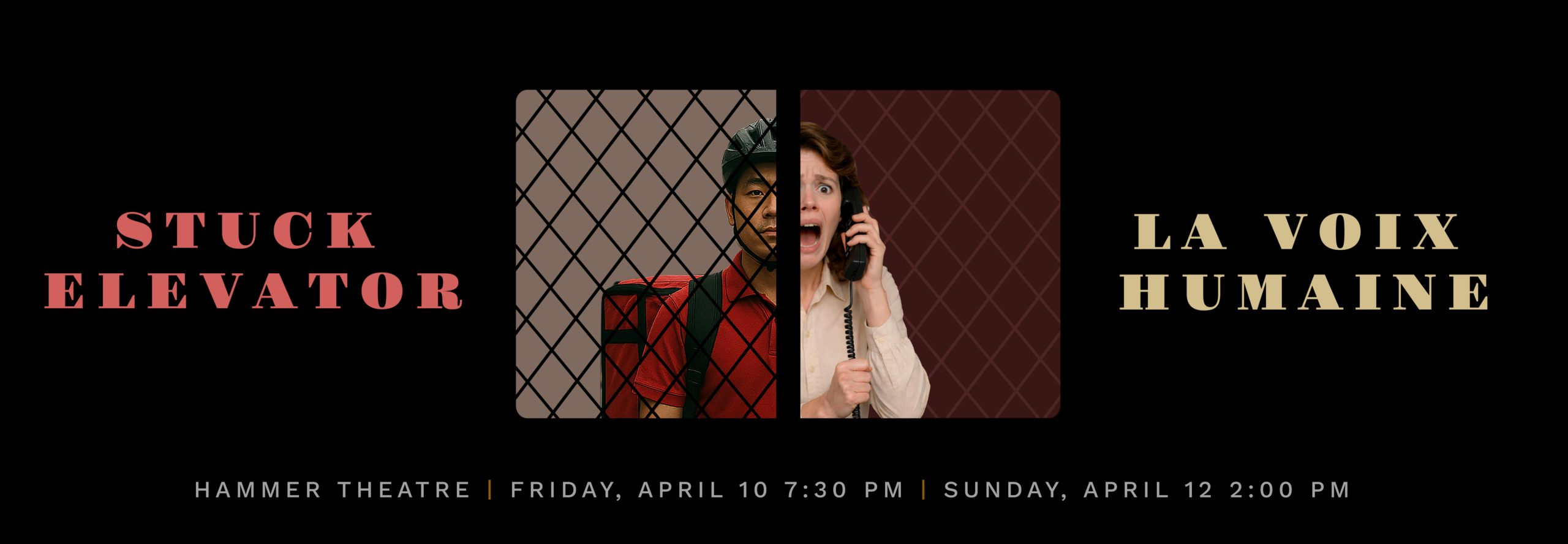 left half of a man's face looking at audience, and right side of a woman's face yelling on the phone while looking at the audience. They are both behind a fence.