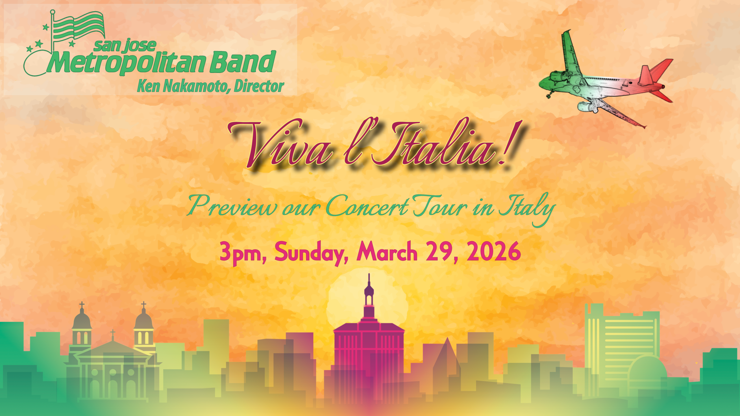 Viva! Hammer Lobby Art + Title + Date (1) an orange water color sunset with a plane in the italian flag colors passing over a city