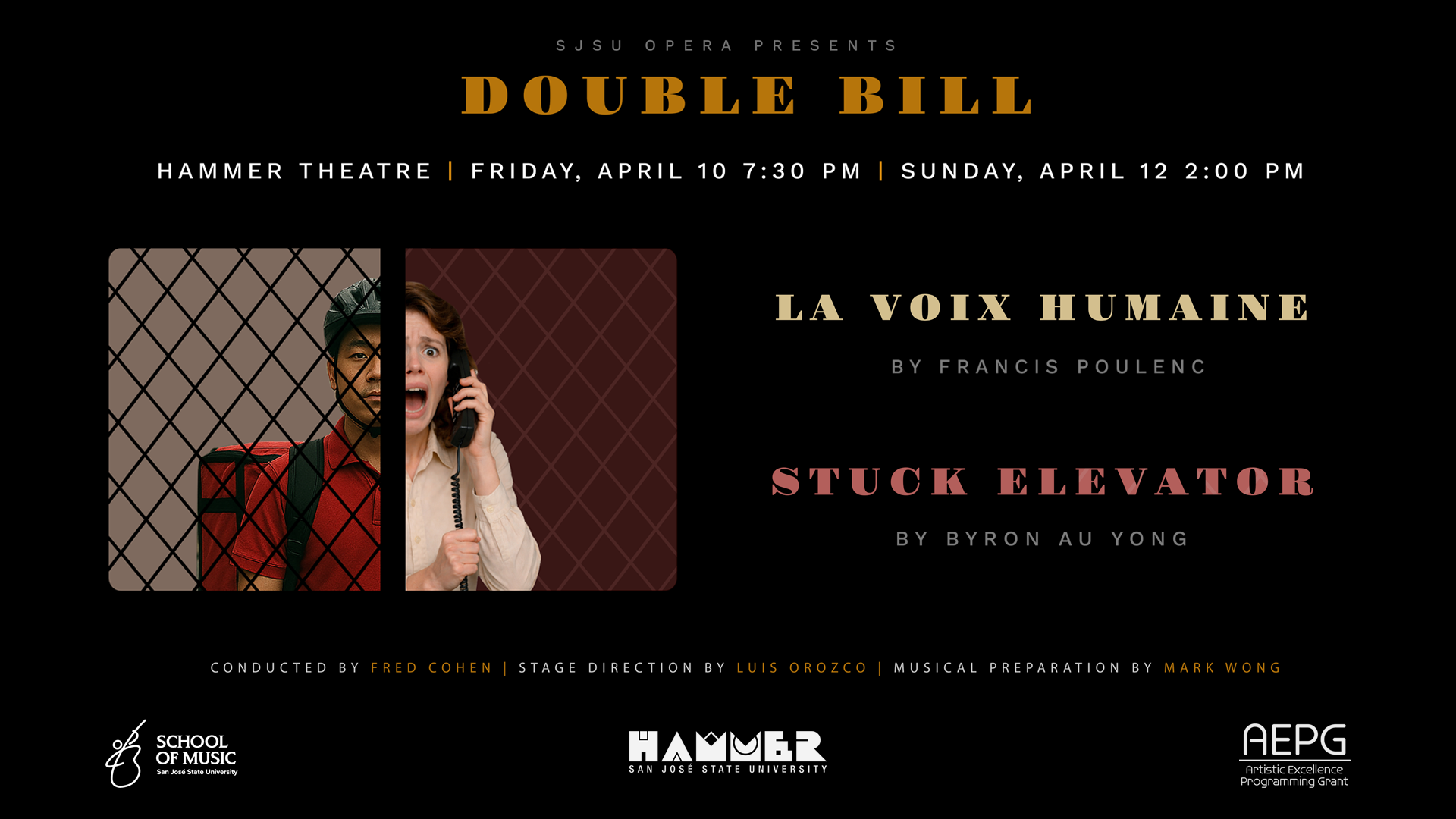 left half of a man's face looking at audience, and right side of a woman's face yelling on the phone while looking at the audience. They are both behind a fence.