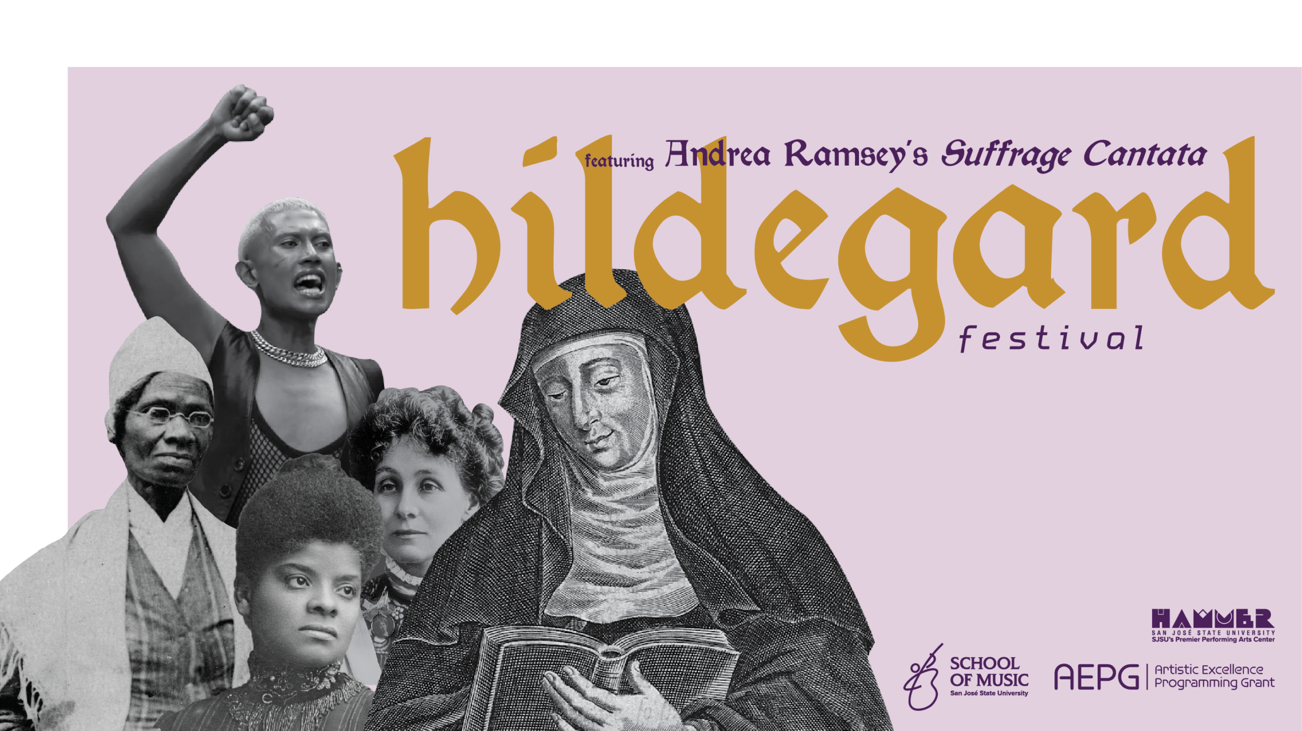 light pink background with images of notable historical women