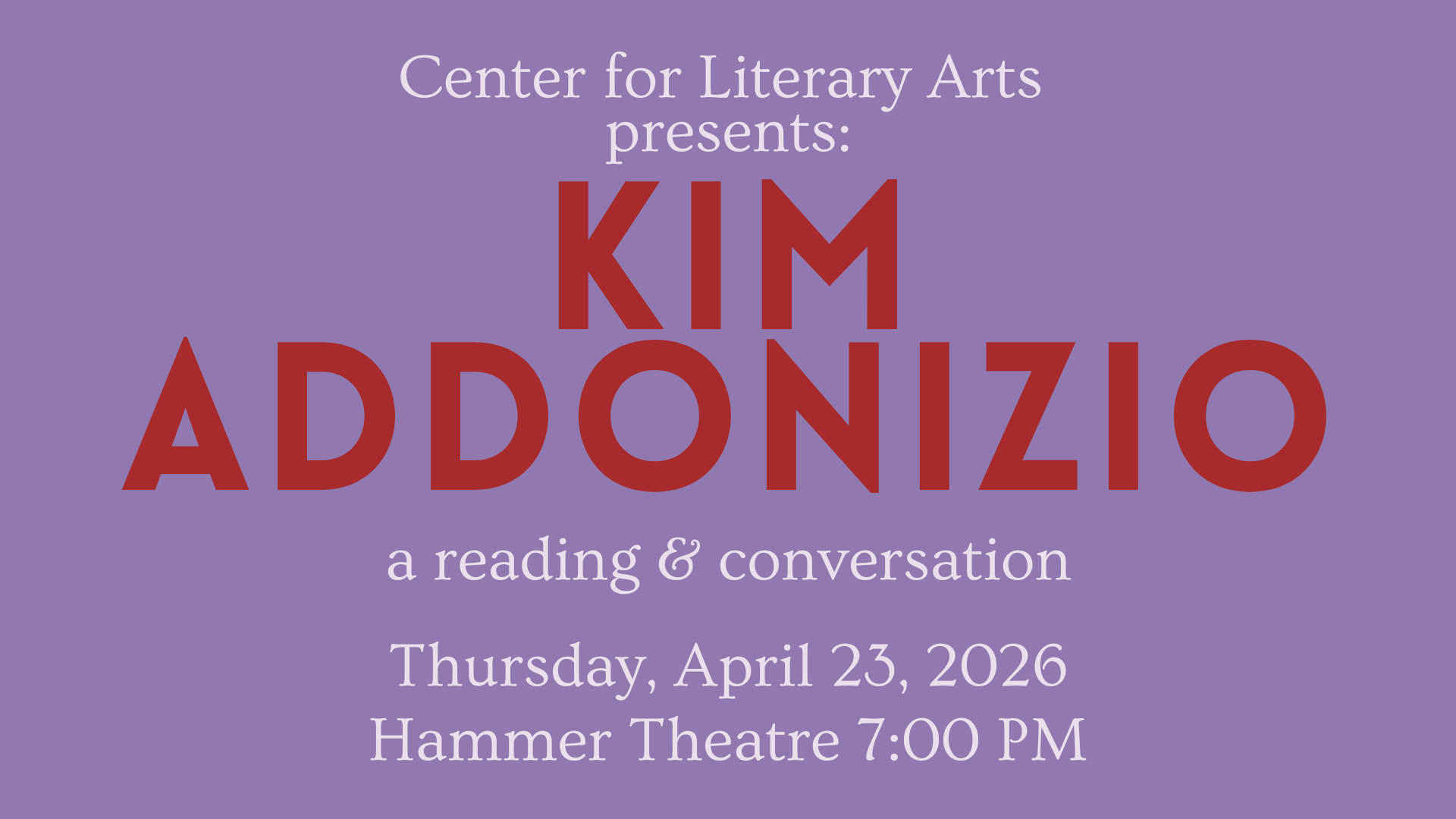 purple background with red text saying Kim Addonizio