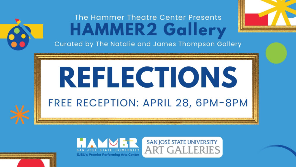 light blue background with fun art symbols; text in blue says "REFLECTIONS. Free Reception: April 28, 6PM - 8PM"