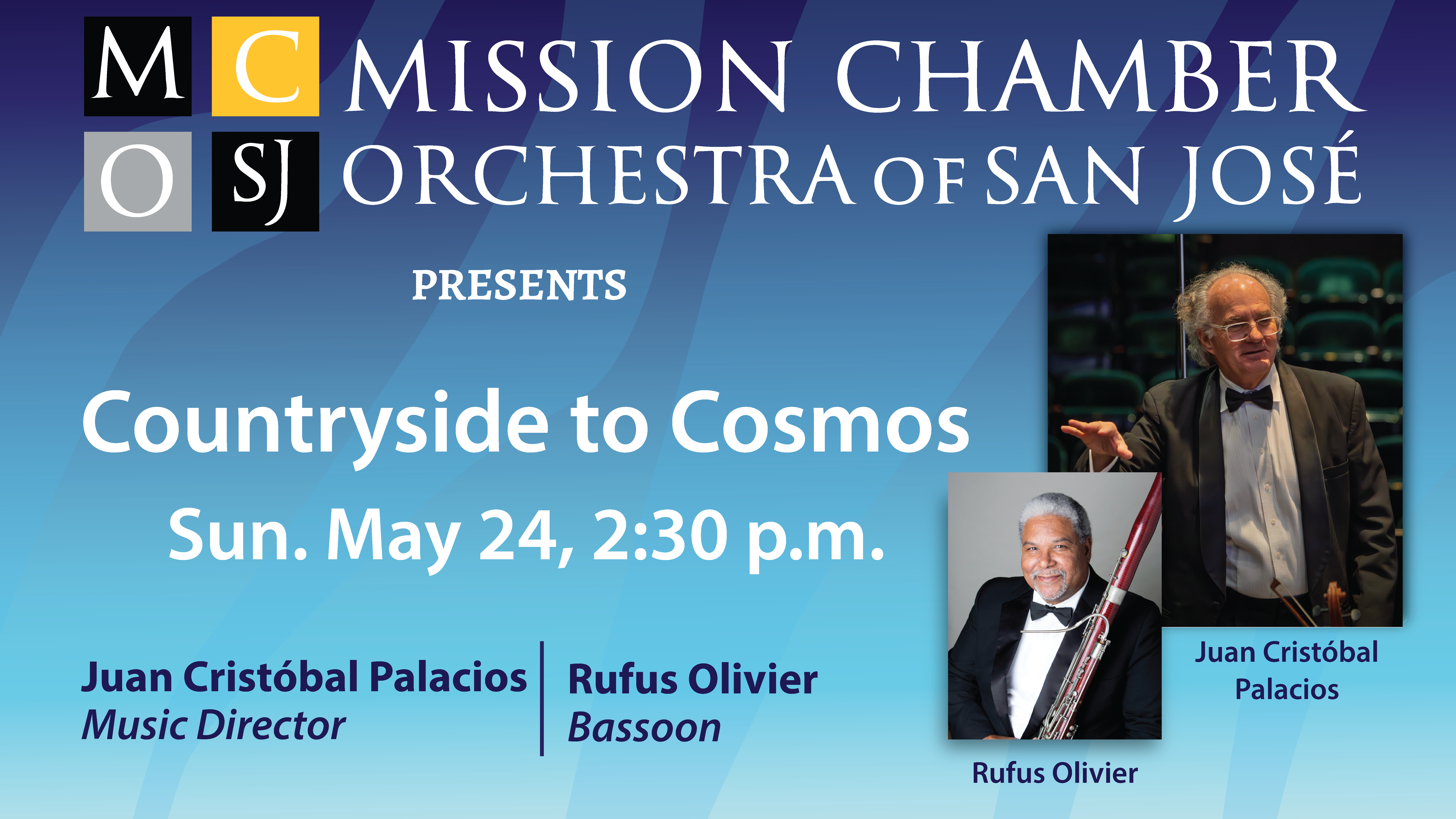 CountrytoCosmosBannerLargeV02 blue background with bust photos of musicians Juan Cristobal Palacios & Rufus Oliver. Text says "Countryside to Cosmos"