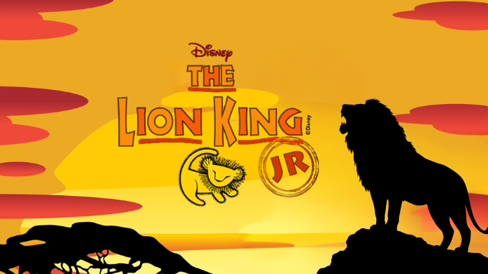 2 A silhouette of a male lion roaring against a savanna sky. The title is in the middle of the page and reads "Disney The Lion King JR." An little drawing of Simba from The Lion King movie is underneath the title.