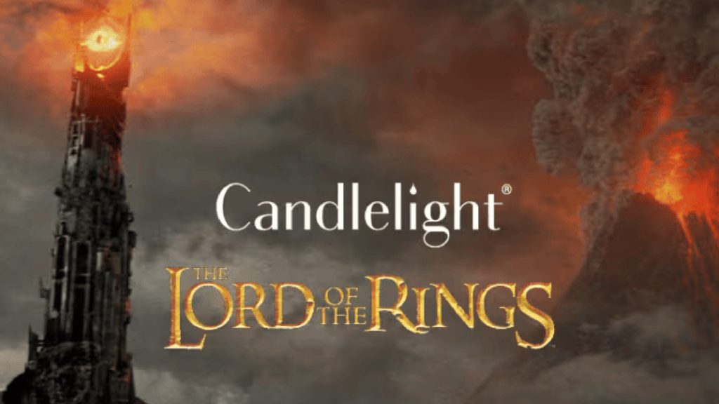 Eye of Sauron in the background of the logos for Candlelight and Lord of the Rings