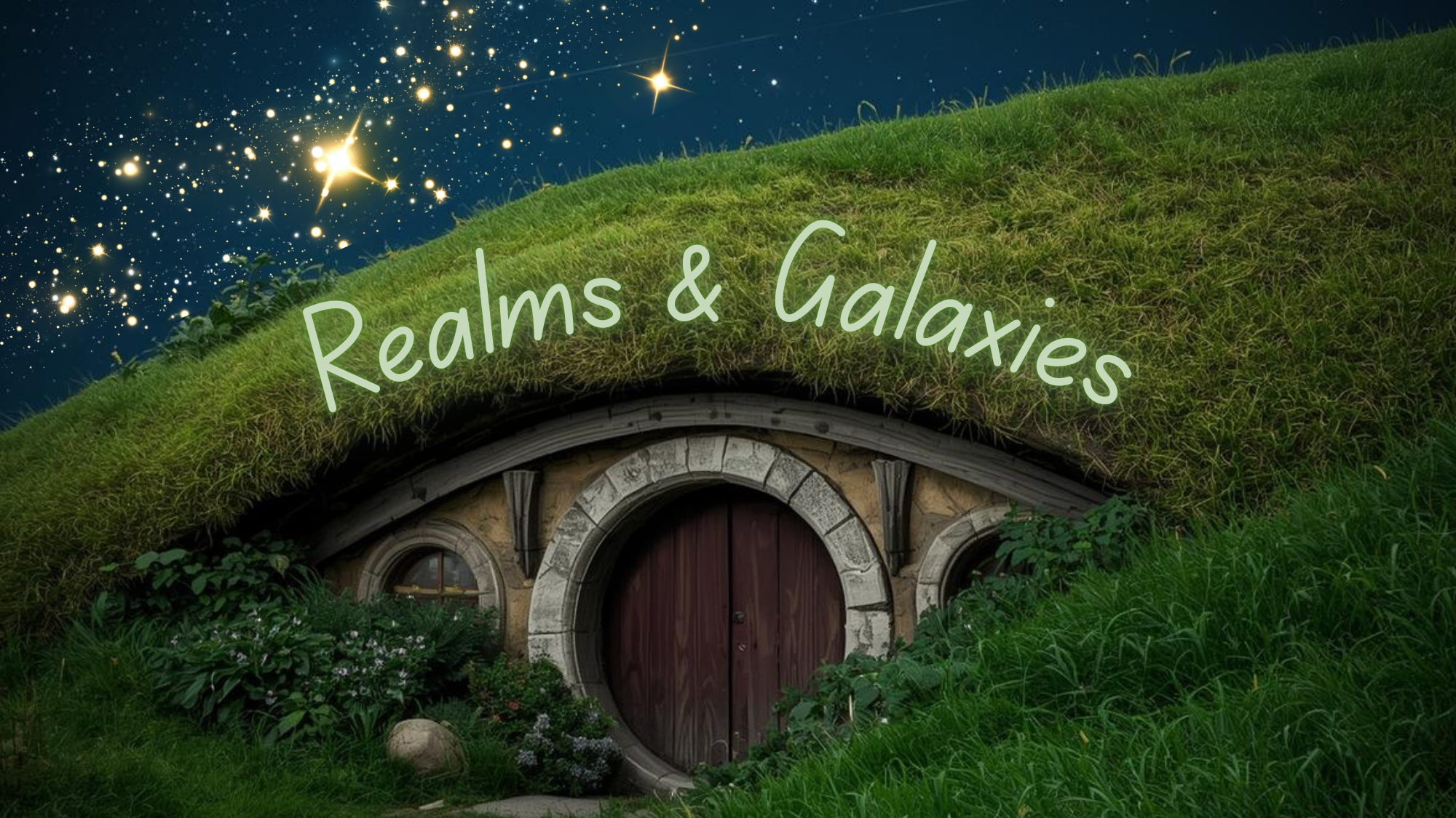 Poster 169 Realms & Galaxies title only Green hill with a door in the middle. It is night time.